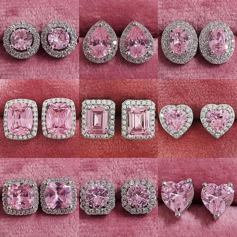 Pink Heart Earring Bling CZ pink White Gold Round square Rectangle love Heart Shape Full Diamond pink Earings Stud for Women