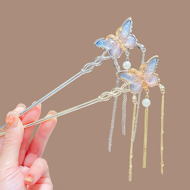 Chinese Style Fashion Hair Stick Pearl Tassel Exquisite Butterfly Hair Accessory Daily Party Wear Women Hair Needle Hairpin
