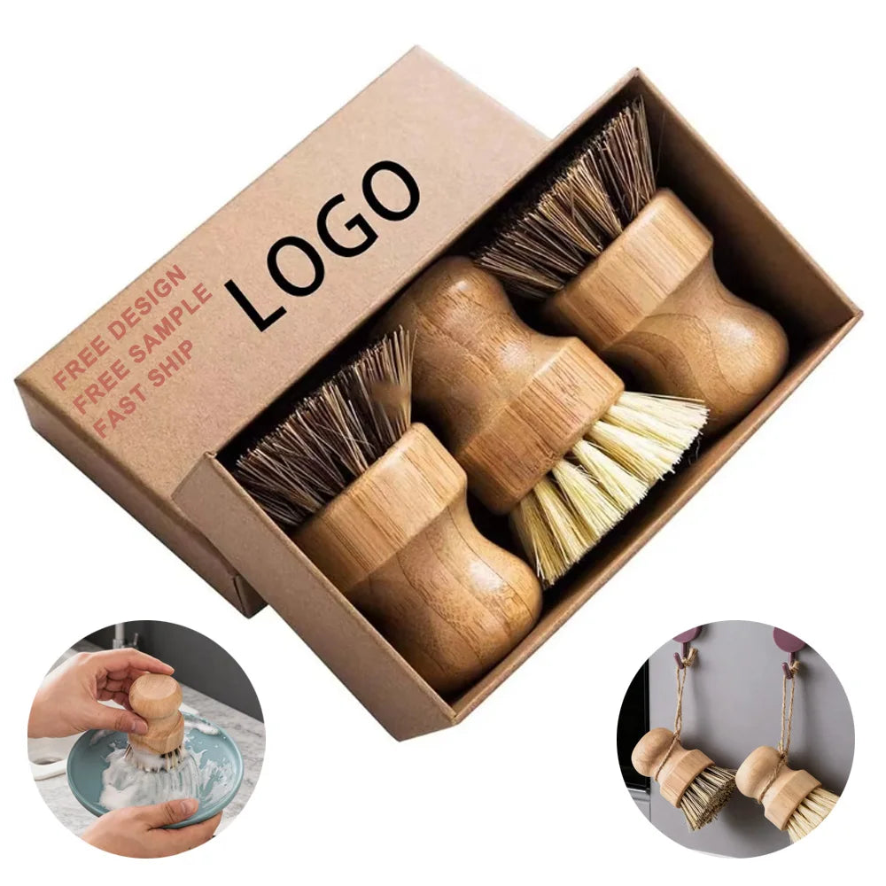 Custom Logo Palm Pot Brush Bamboo Brush Round Mini Brush Dish Brush Natural Scrub Brush Durable Scrubber Cleaning Brush Kit