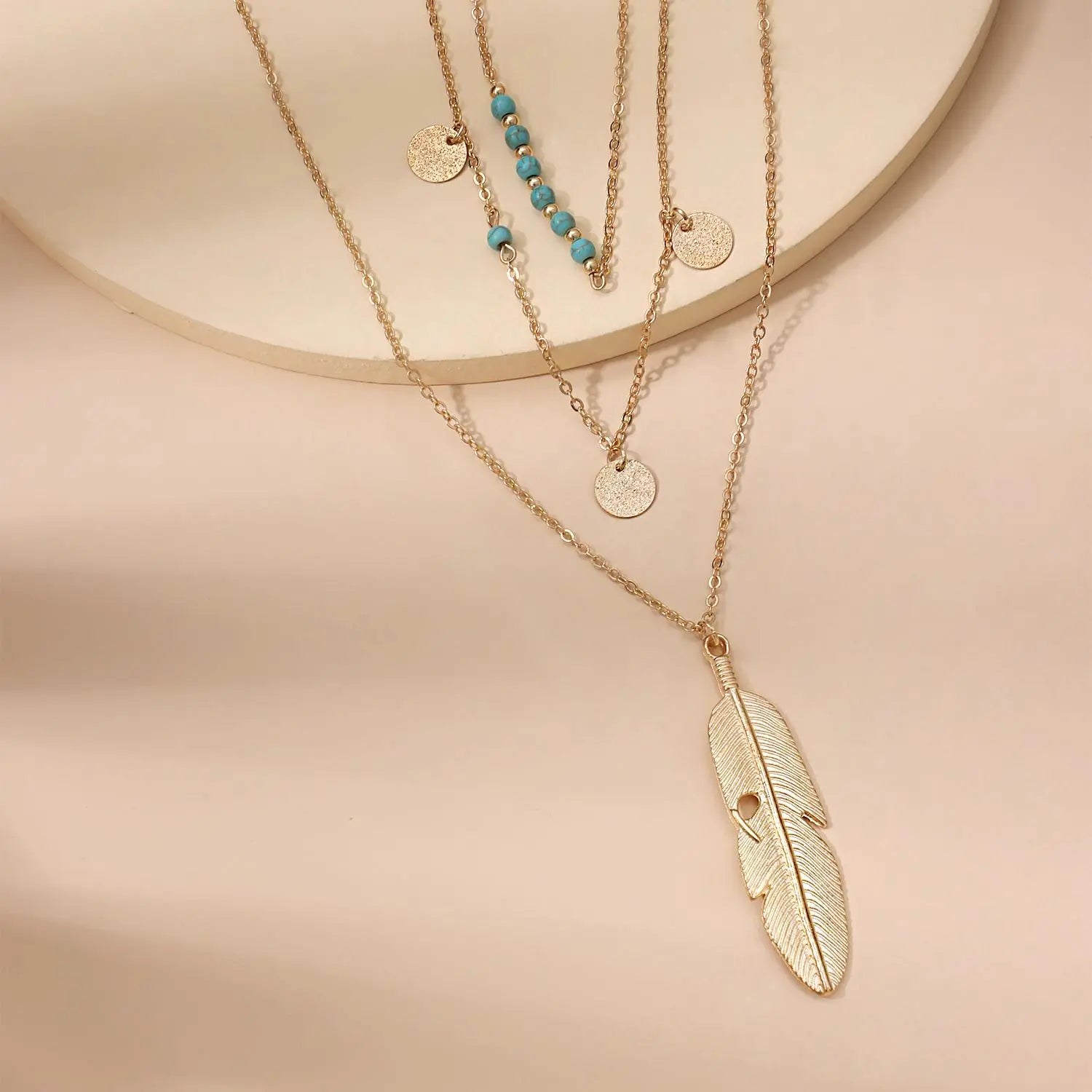 Fashionable Jewelry Turquoise Bead Feather Sequin Gold and Silver Plated Multilayer Necklace