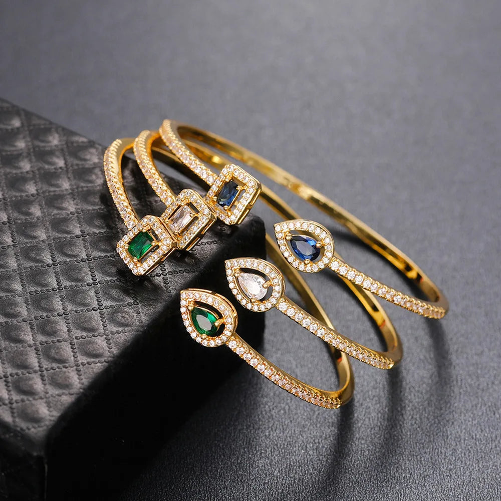 Fashion Jewelry Gold Plated Square Geometric Bracelet Women Bling Iced Out Cubic Zirconia CZ Water Drop Bangle Bracelet