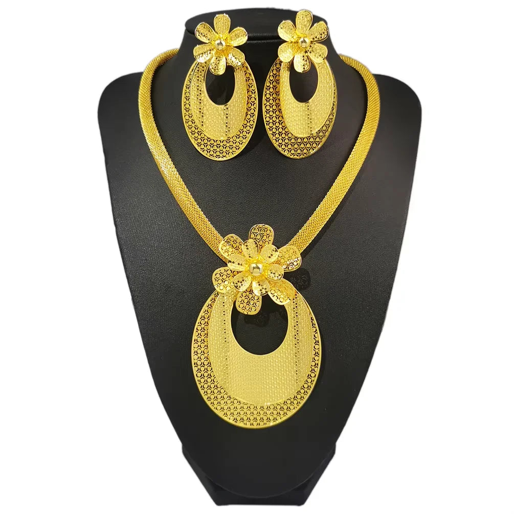 Plated Exaggerated Flower Necklace & Earrings Set Middle East Bridal Banquet Dinner Accessories MegaBDM