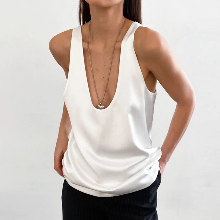Enyami Women Fashion Instock Casual Loose Ladies Casual Satin Deep V Tank Tops Sleeveless Basic Vest