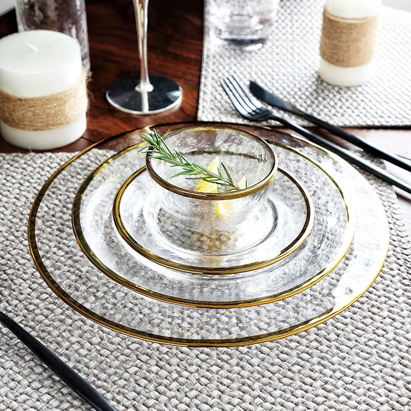 13-Inch Eco-Friendly Household Dinner Plate Set Durable Glass Dinnerware Gold Charger Platter for Weddings Special Occasions