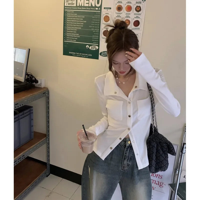Women Slim All Match Casual Cardigan Y2k Aesthetic _ Spring Harajuku Fashion Shirt Turn Down Collar Long Sleeve Cropped Tops