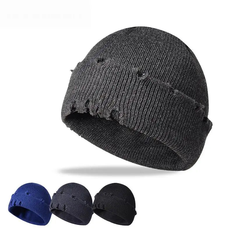Custom logo Winter Trendy Beanie Hat Warm Thick Knit Skull Hat Ripped Beanie for Men Women
