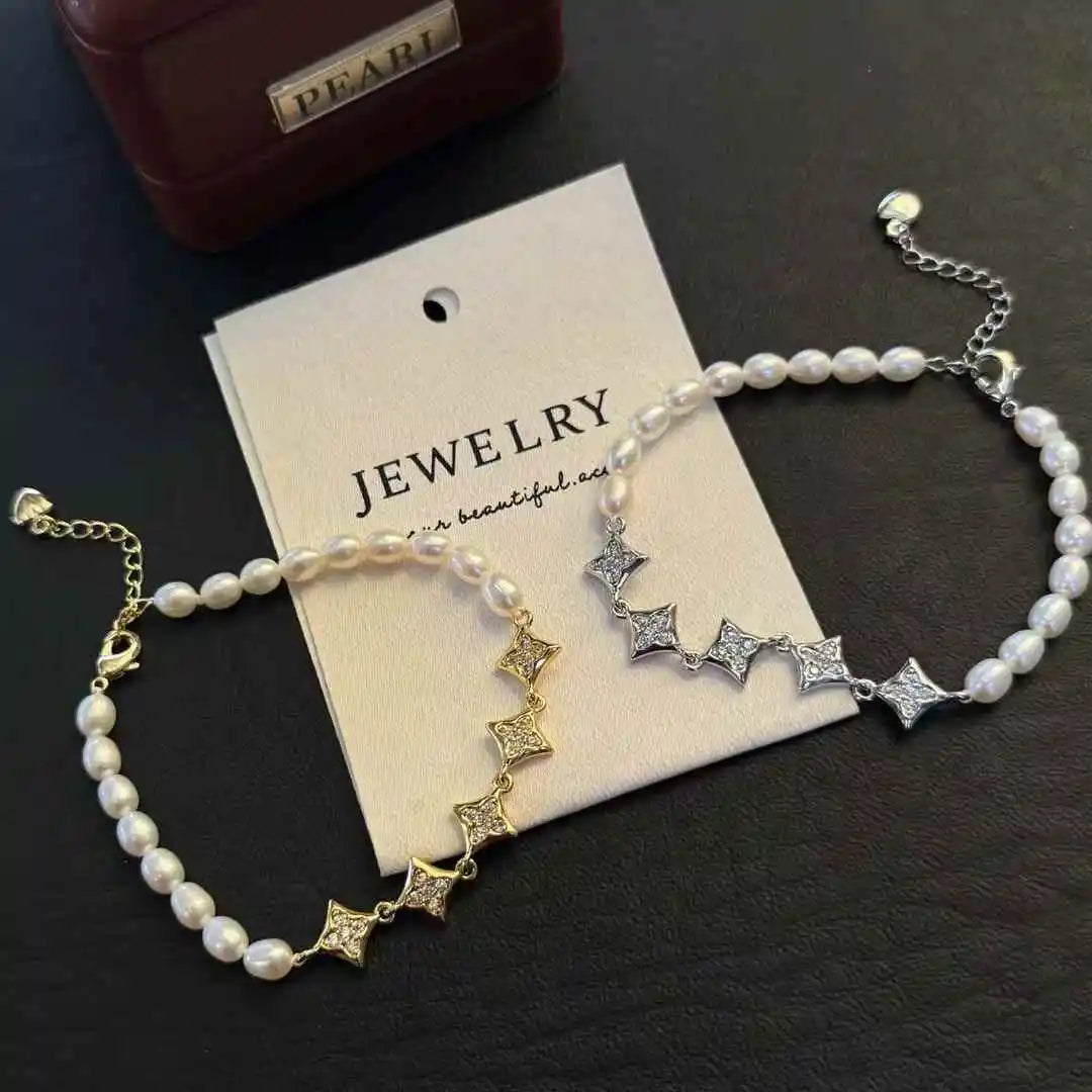 Simple Design Versatile Luxury Clover Bracelet 5-6mm Natural Freshwater AAA Rice Pearl Gold/Platinum Plated Fashion Girl Hot