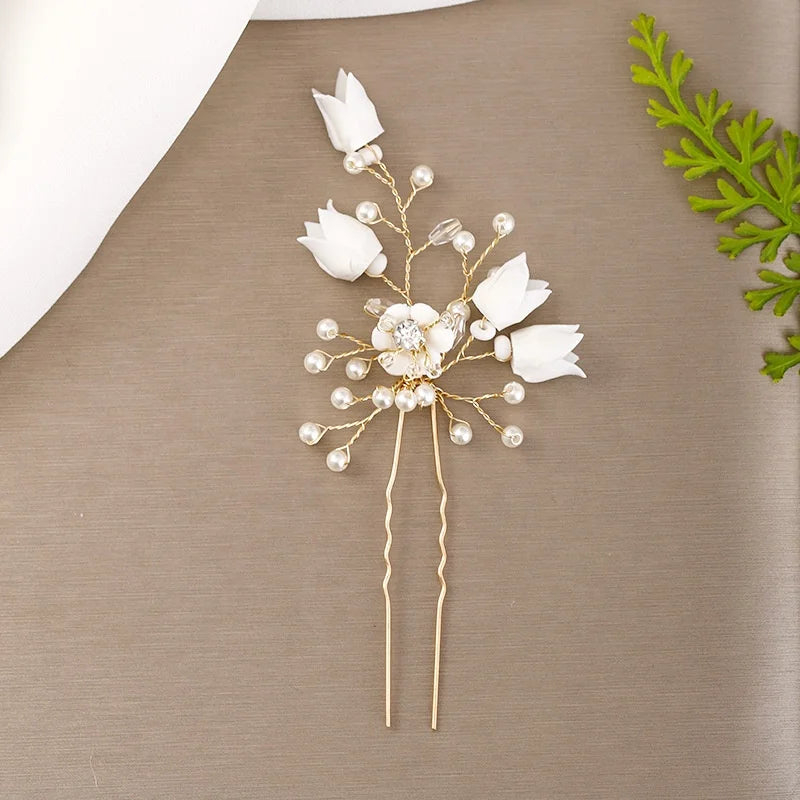 Wholesale Fashion Hair Accessories U-shaped Hairpin Pearl  Head Accessories Bridal Ceramic Flower Hairpins