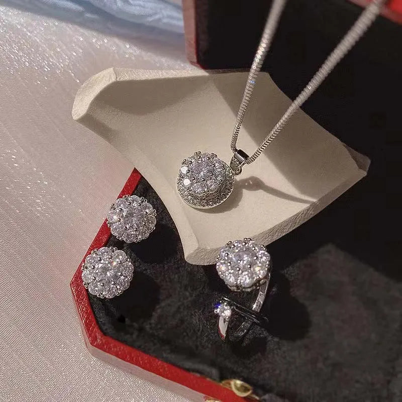 3PCS Set Bling Clear Diamond Crystal Adjustable Ring Round Zircon Jewellery Set Stainless Steel Rotatable Necklace with Earrings