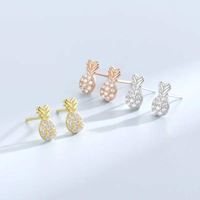 Dainty 925 Sterling Silver Micro Inlaid Zircon Fruit Earrings Cute Diamond Pineapple Stud Earrings for Girls