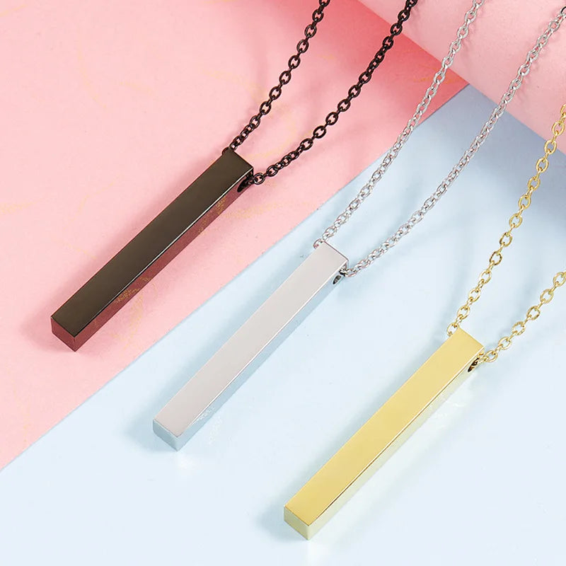 Personalized Rectangle Pendant 18K Gold Plated Stainless Steel Custom Logo Jewelry Vertical Blank 3D Bar Necklace for Women Men