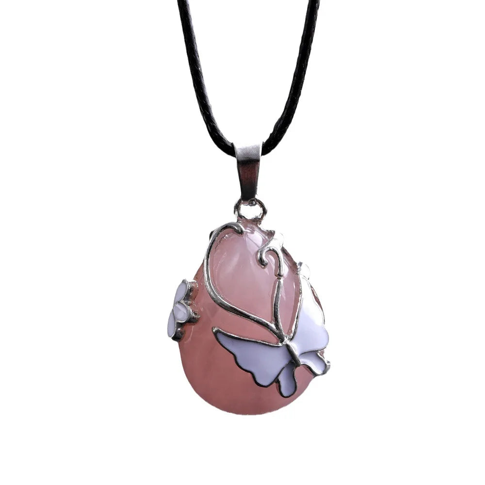 Wholesale Trendy Korean Colors Bohemian Alloy Cute Enamel Butterfly Necklace Opal Crystal Stone Pendant Silver Wedding Rope