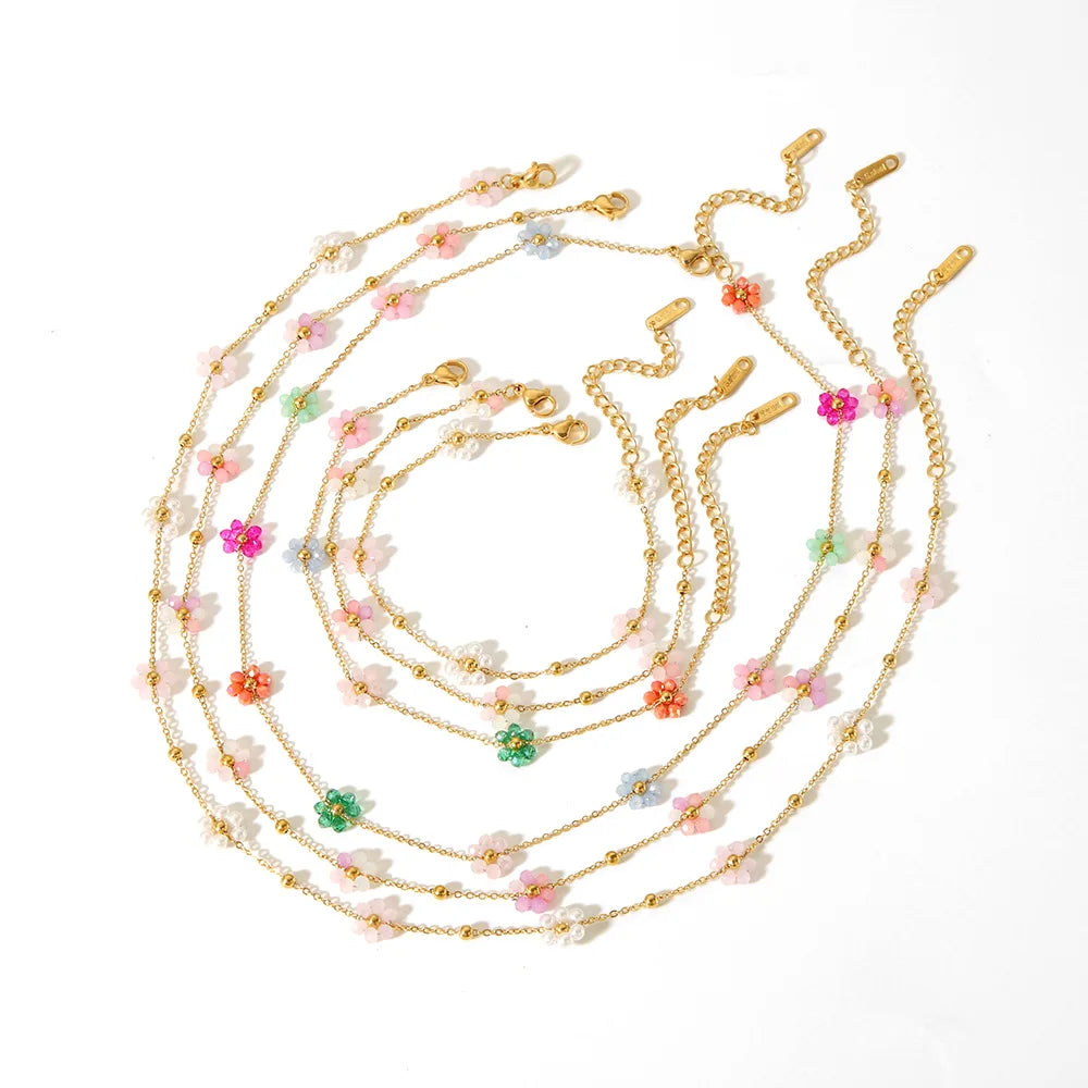 Women's Stainless Steel Beaded Flower Necklace Bracelet Anklet Fashion Colorful Beads for Wedding Party Anniversary-Summer