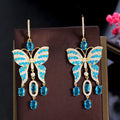 Korean Fashion Gold Plated Blue Cubic Zircon Tassel Oversize Big Butterfly Drop Earrings Long Dangle Women Wedding Party Jewelry