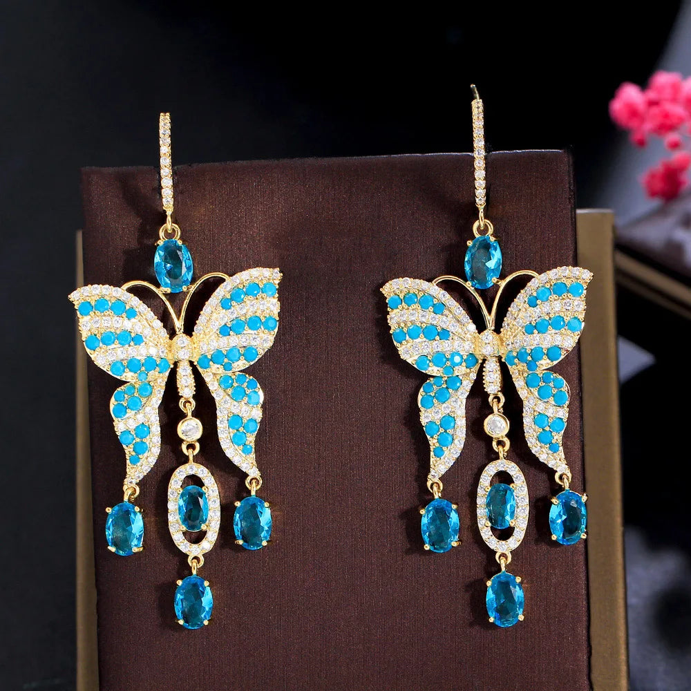 Korean Fashion Gold Plated Blue Cubic Zircon Tassel Oversize Big Butterfly Drop Earrings Long Dangle Women Wedding Party Jewelry