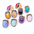 Natural Agate Jade Ring Faceted Gemstone with Diamond Gold Plated Brass Unisex Ring