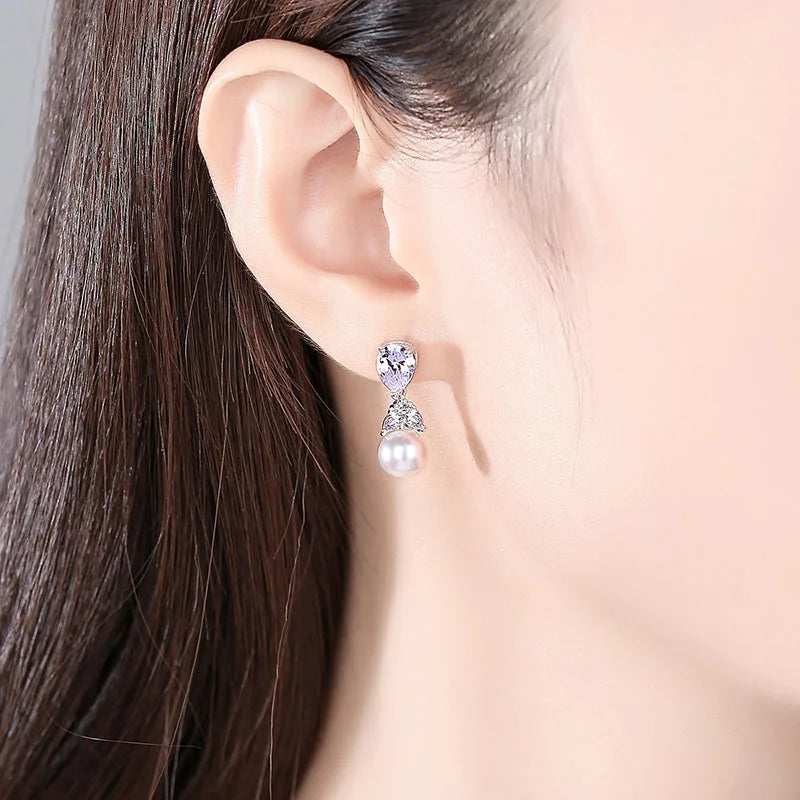 SLBRIDAL Pave Setting Fashion CZ Crystal Bridal Earring Cubic Zircon Earrings Wedding Dangle Pearls Women Girls Earring