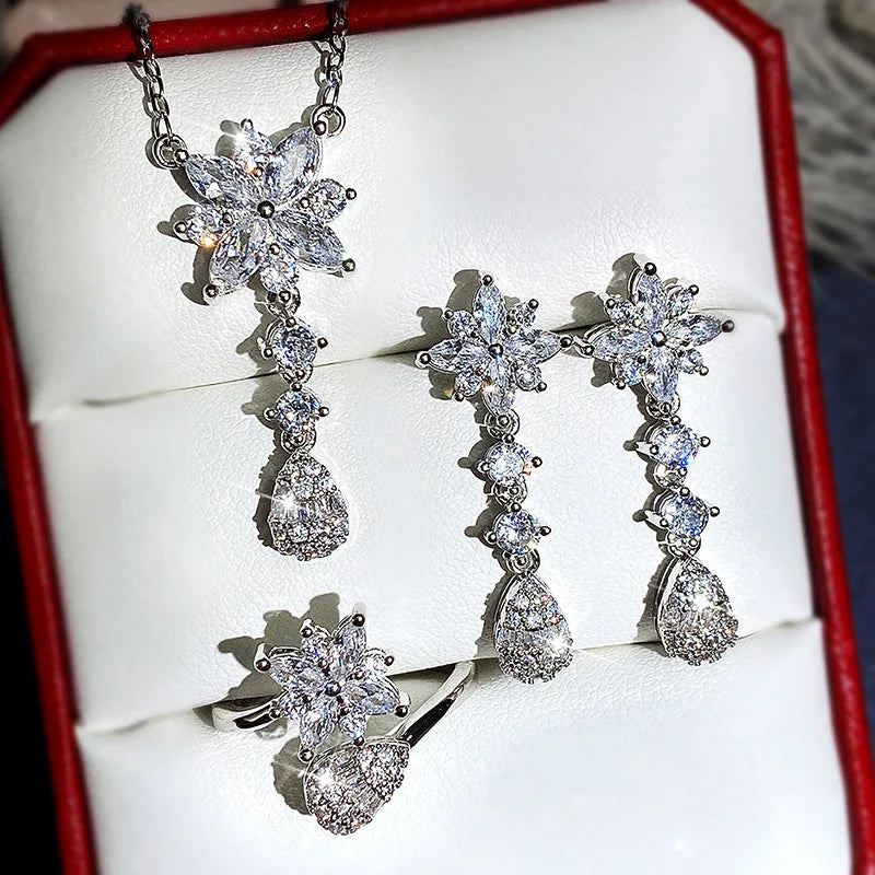 Three-piece Bridal Necklace Super Flashing Flower Water Drop Zircon Female Necklace Set