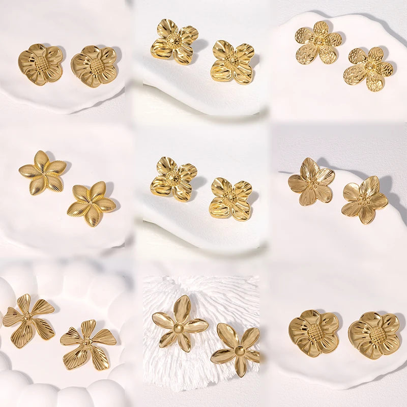 Vintage Style 18k Gold Plated Flower Design Stainless Steel Earrings for Women Jewelry