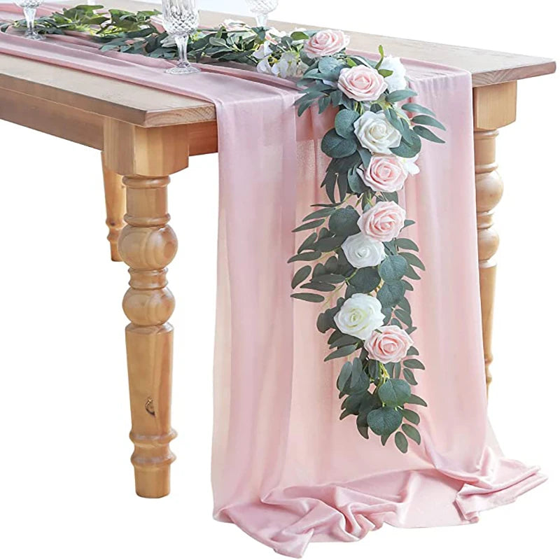 Elegant 27x120 Inches Pink Rustic Wedding Table Runner Chiffon Gauze Runner for Bridal Party Decorations Hand Woven Technique