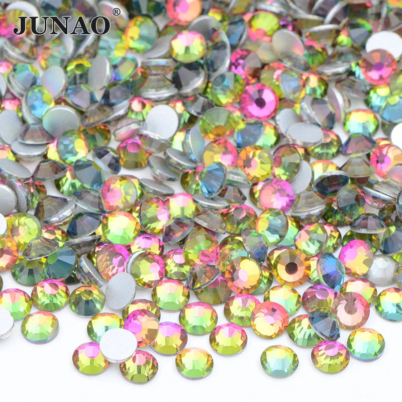 JUNAO Multi Size SS10 SS12 SS16 SS20 SS30 SS34 SS34 Glue on Rainbow Stones Glass Crystal Rhinestones for Nail Art