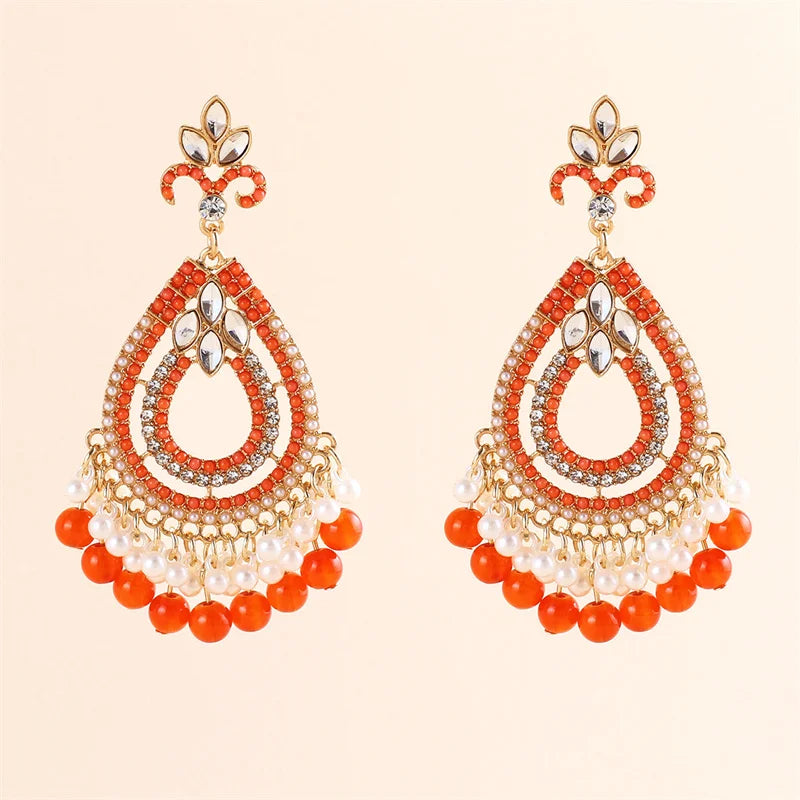 2024 Wholesale Vintage Jewelry Antique Silver Orange Beaded Dangling Earring Mirror Earrings Women Retro Boho Jewelries Women