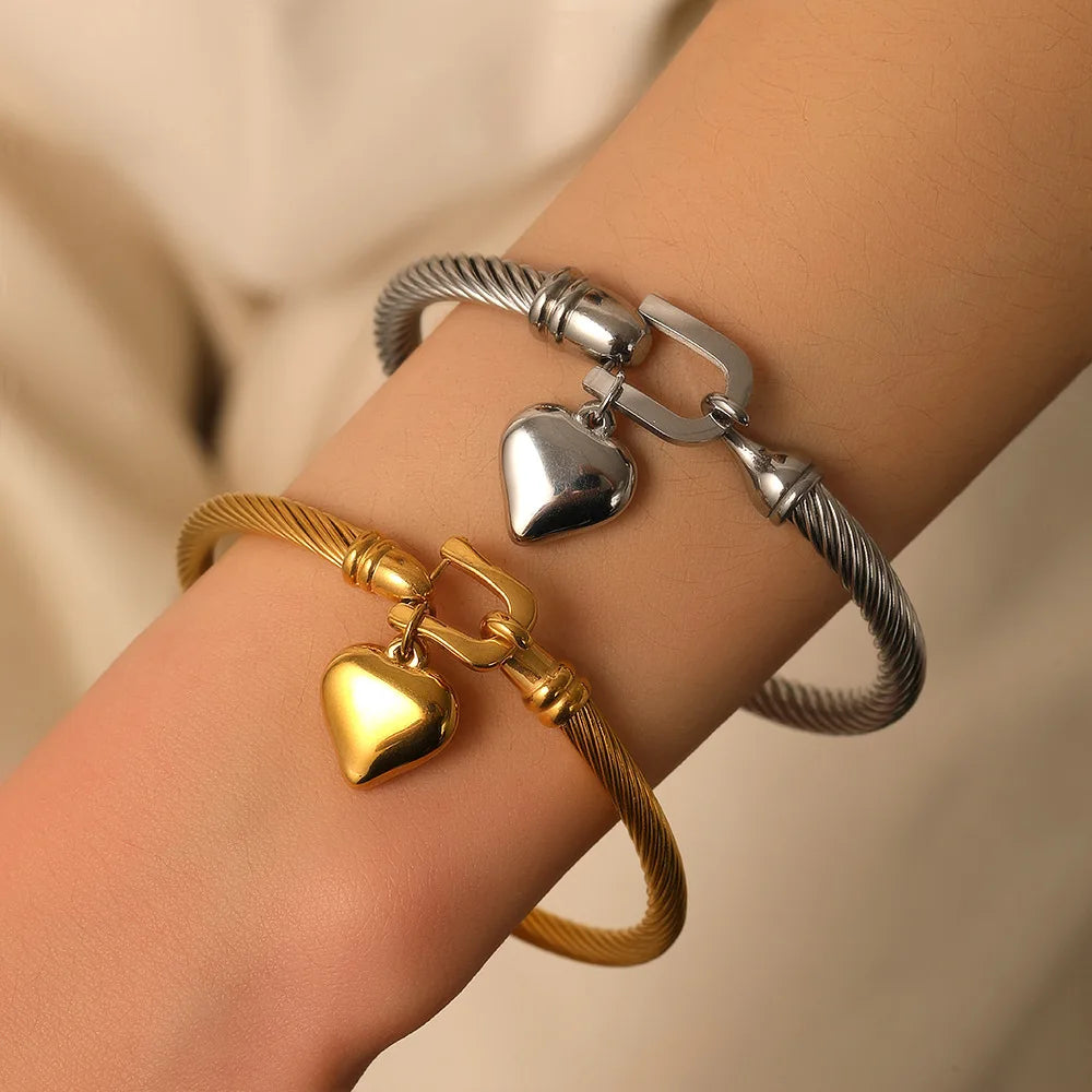 Fashion Heart Bracelet Stainless Steel Anti Tarnish Twisted Cable Wire Heart Charm Bangle Jewelry Armbanden Bracelet for Vrouwen