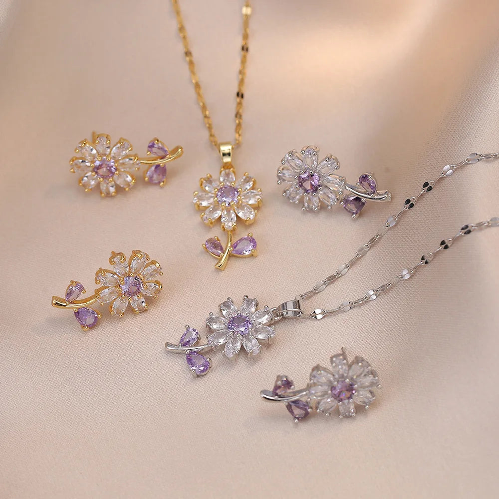 Minimalist Lip Chain Necklace Earrings Set Purple Crystal Zircon Jewelry Set Flower Jewelry Set for Women