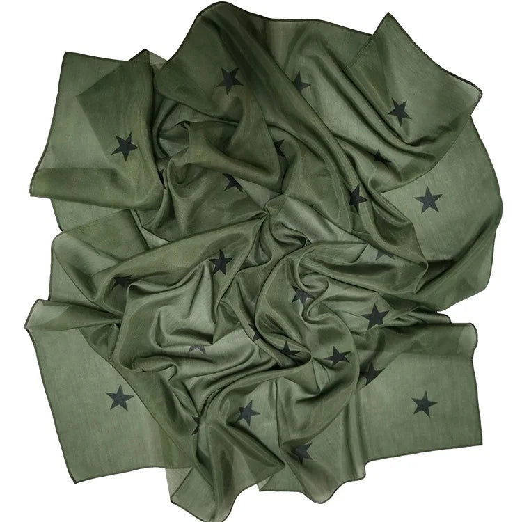 Custom Logo Black Star Pattern Printing Green Color Square Head Hijab Cotton Silk Scarf 90 X 90
