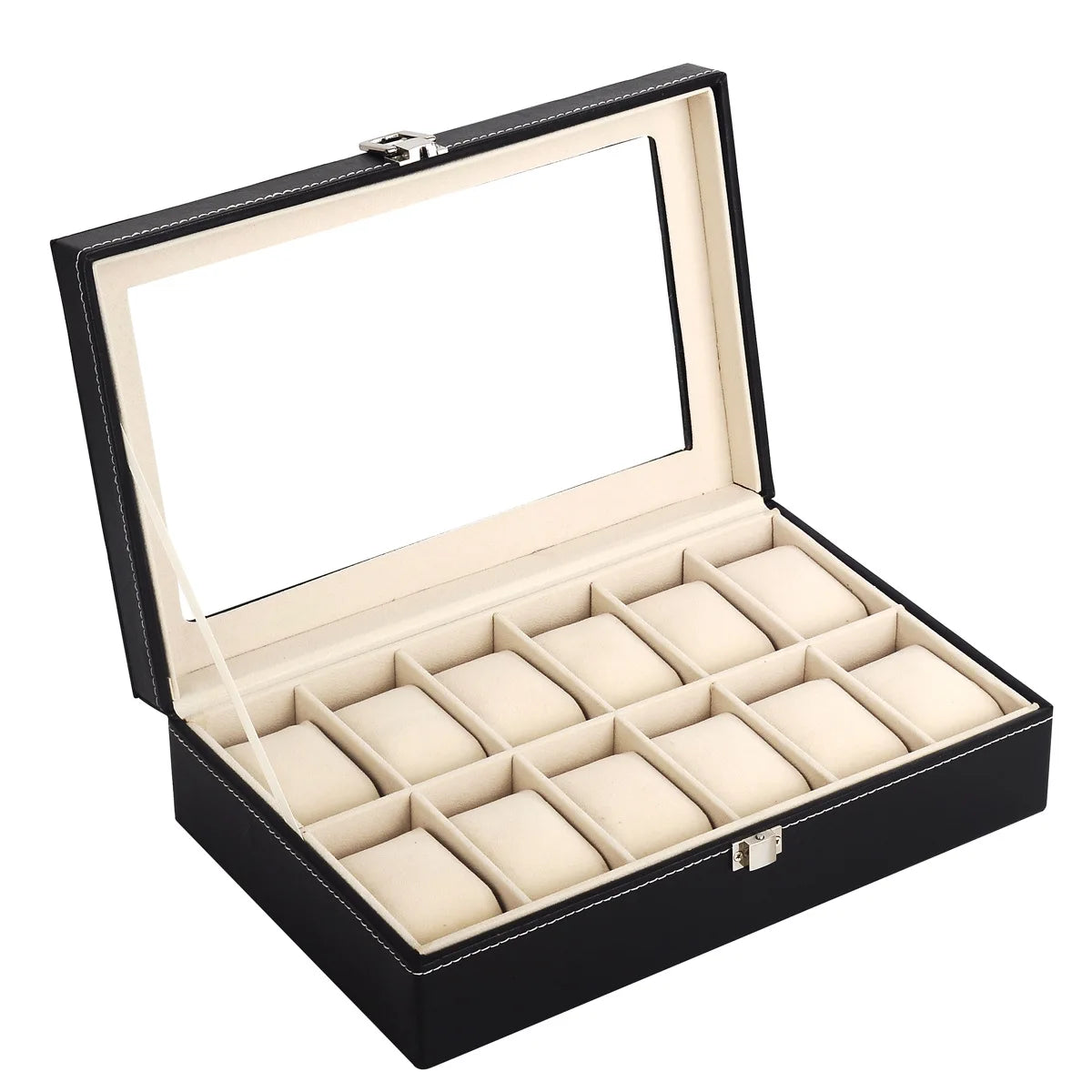 Manufacturer Watch Jewelry Case 12 Slot Women Men Black PU Leather Watch Box with Velvet Pillow MegaBDM