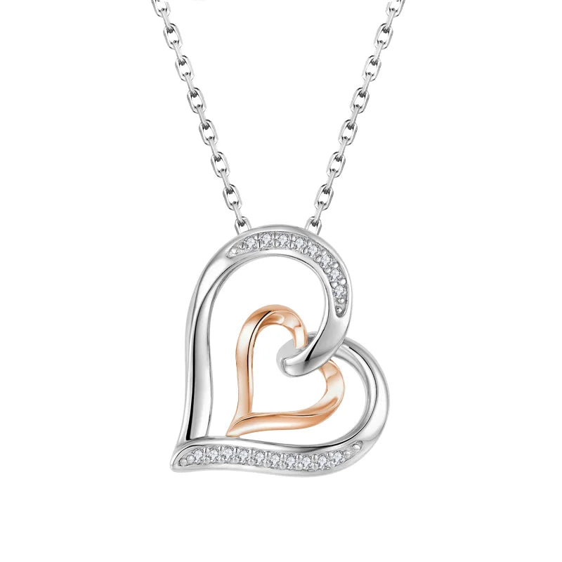 Hot Sales Wholesale New Fashion Women 925 Sterling Silver Beautiful Cz Double Tilted Heart Pendant for Gift Dainty Love Necklace