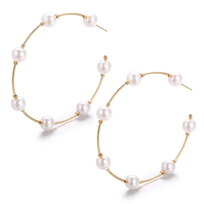 2025 New Fashion Big 7 Round Circle Pearl Hoop Earring Jewelry Women