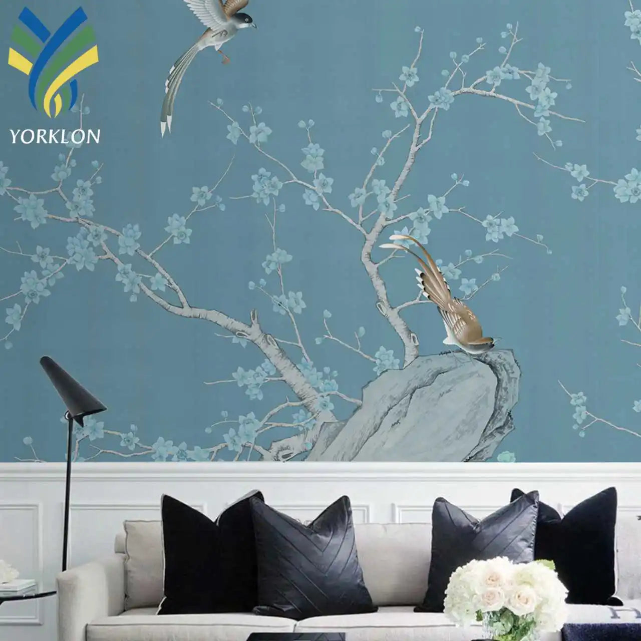 YKEAX 318 Custom Chinoiserie Floral 3D Mural Wallpaper Modern Botanical Design for Soundproof Waterproof Parlour Wall Decoration