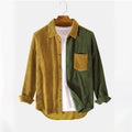 RNSHANGER Men's Patchwork Corduroy Long Sleeve Shirt Harajuku Button Contrast Color Casual Cargo Men Shirts With Pocket