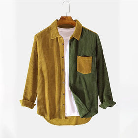 RNSHANGER Men's Patchwork Corduroy Long Sleeve Shirt Harajuku Button Contrast Color Casual Cargo Men Shirts With Pocket