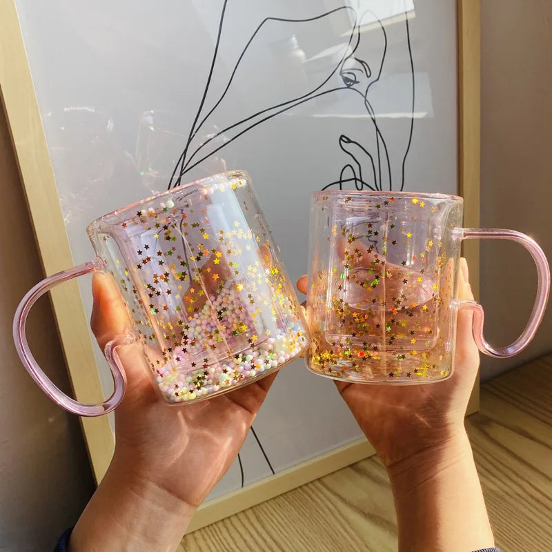 Girls pink Juice Glass Cup Cute Double Wall Mug Cups with Hand Grip