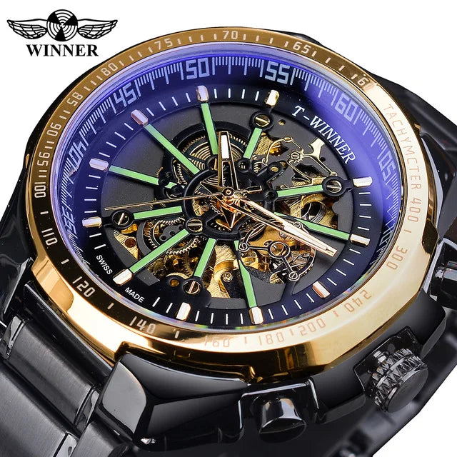 Winner Automatic Watches Men Gold Stainless Steel Mechanical Wristwatch Waterproof Skeleton Luminous Man Clock Relojes Hombre