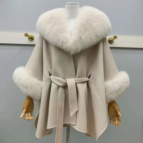 Winter Women Double-sided 100% Wool Coat Loose Version Large Fox Fur Collar Woolen Poncho for Lady
