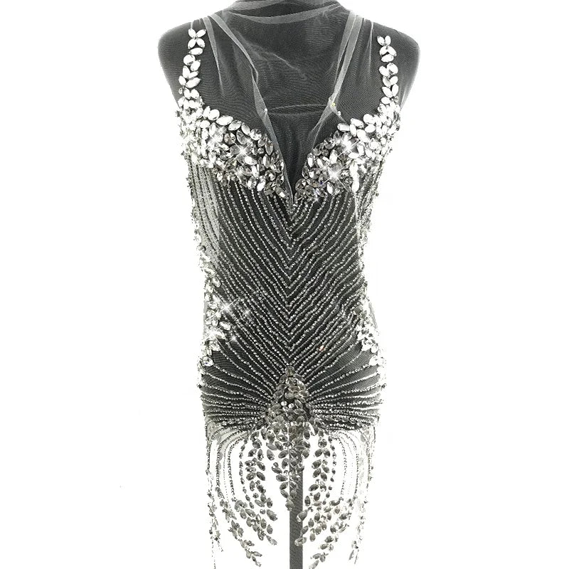 W022 Fancy Beaded Patch Applique Heavily Beaded Rhinestone and Pearl Lace Fabric for Dress
