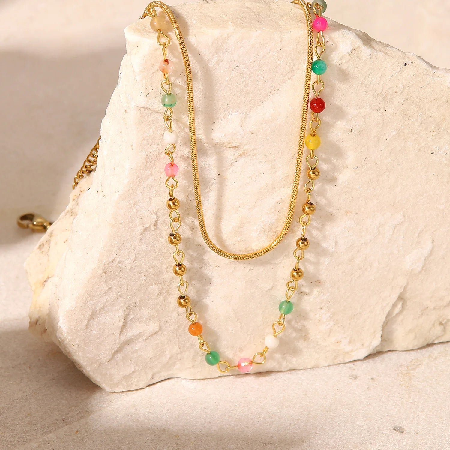Jewelry Gift Waterproof Link Chain 18k Gold Plated Stainless Steel Necklace with Colorful Charms and Crystal Rhinestone