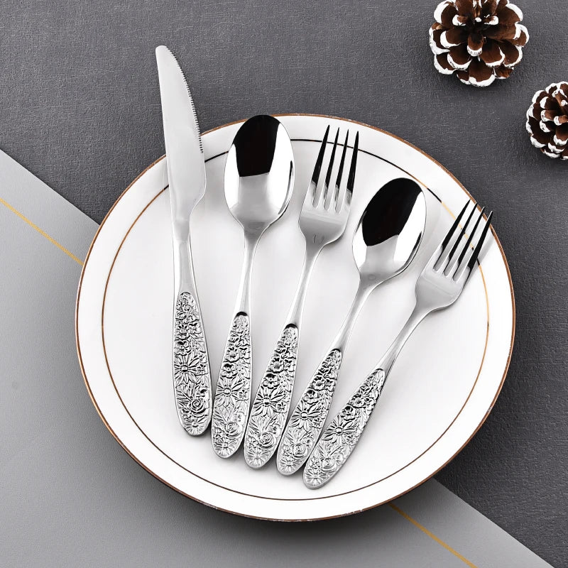 Stainless Steel Flatware Set with Retro Carved Flower Handle