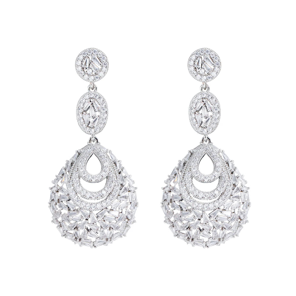 Elegant White Gold Plated Cubic Zirconia Long Dangle Drop Women Brides Wedding Earrings for Banquet Party Prom Dress Accessories