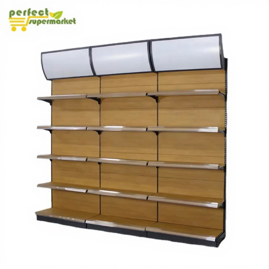 Factory Custom Metallic Heavy Duty Supermarket Shelf Grocery Shelves Wood Grain Style Display Stand