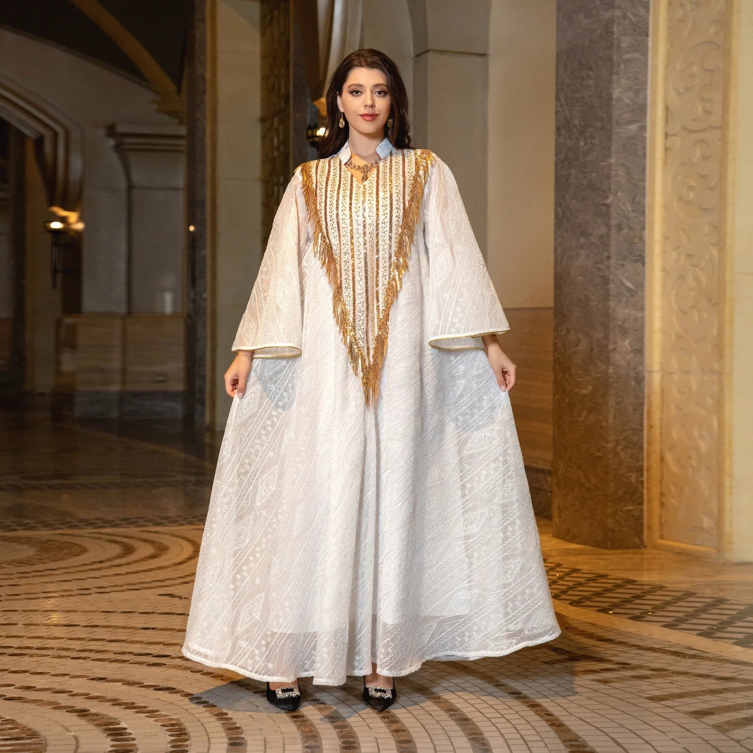 New Model Abaya in Dubai Special Neck Tassels Design With Golden Beadings Loose Sleeves Double Layer
