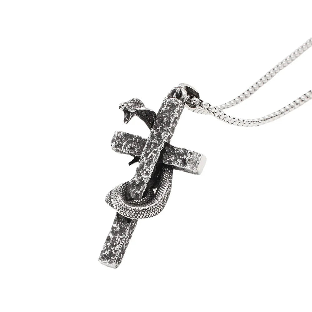 Vintage Style Jewelry Stainless Steel Coiled Snake Cross Pendant Necklace