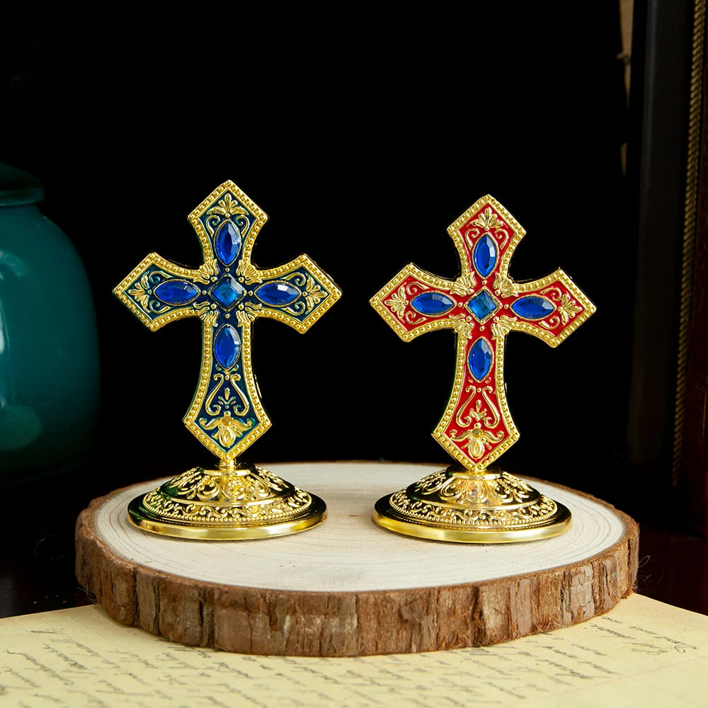 HT Orthodox Church Product Supplier Colored Enamel With Gemstone Church Home Decor Table Stand Religion Ritual Cross
