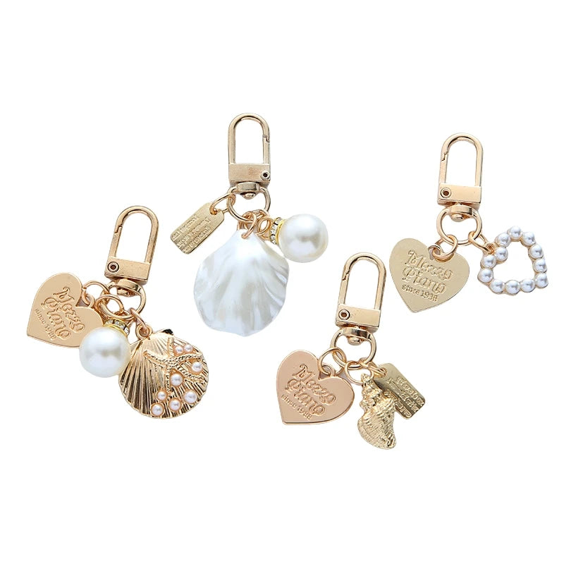 Cute Heart Pearl Shell Keychain Pendant Ins Metal Alloy Pendant Jewelry Creative Pearl Key Chains Earphone Bag Charm Accessories