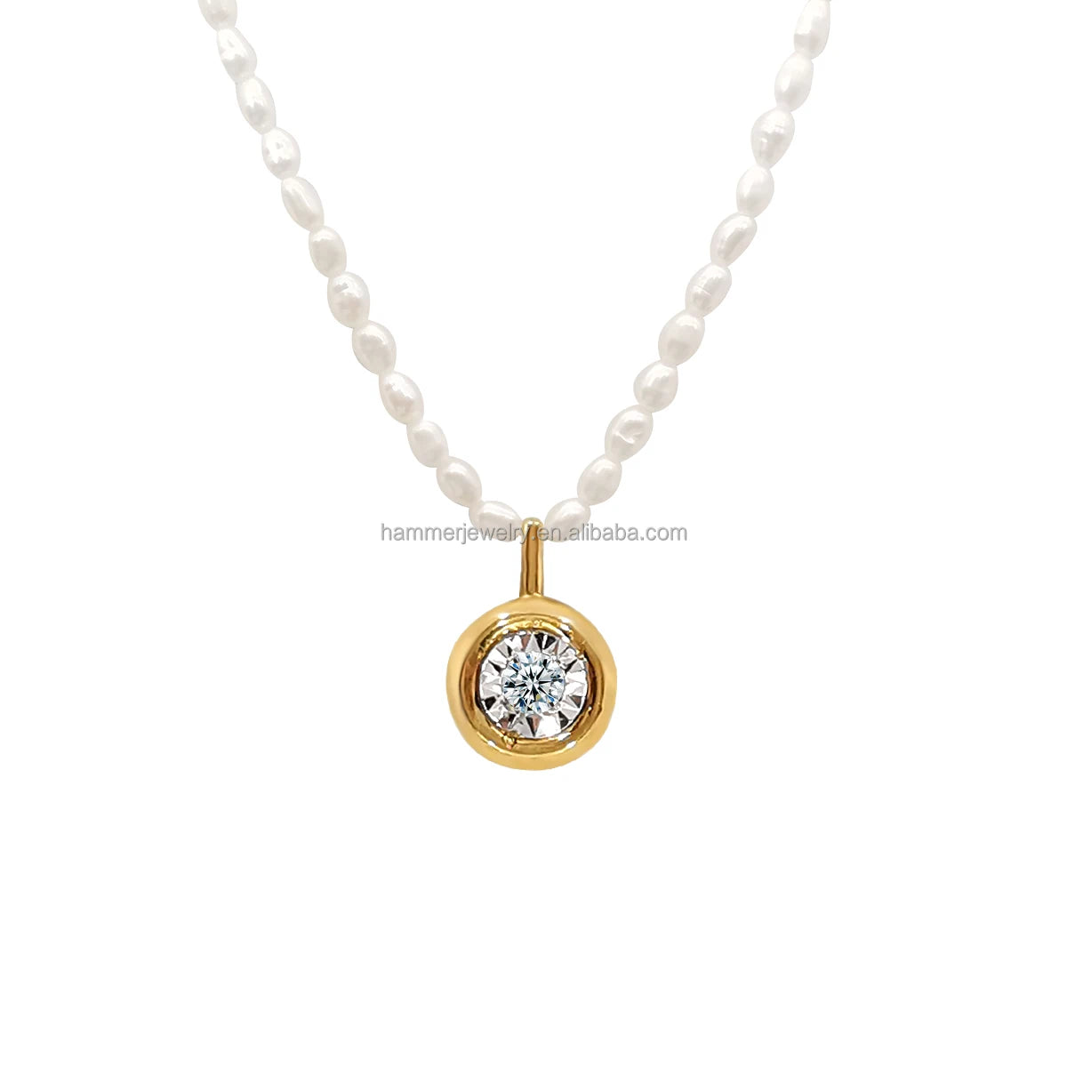 Wholesale 18K Real Gold Necklace with Genuine Rice Pearls Custom Diamond Pendant Chain Choker for Women's Wedding Jewelry