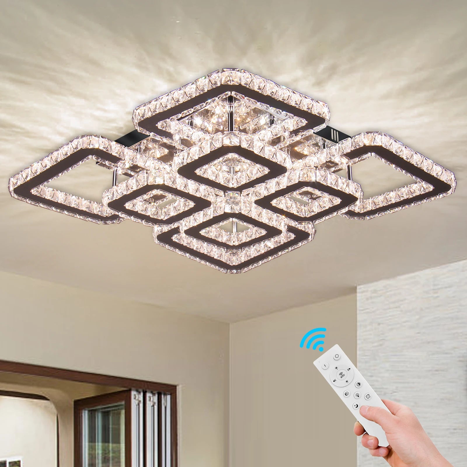 Nordic Simple Crystal  Ceiling Light Chandelier for Living Room Dimmable and Remote Controlled Dimmable 3 Colors AC Power Source