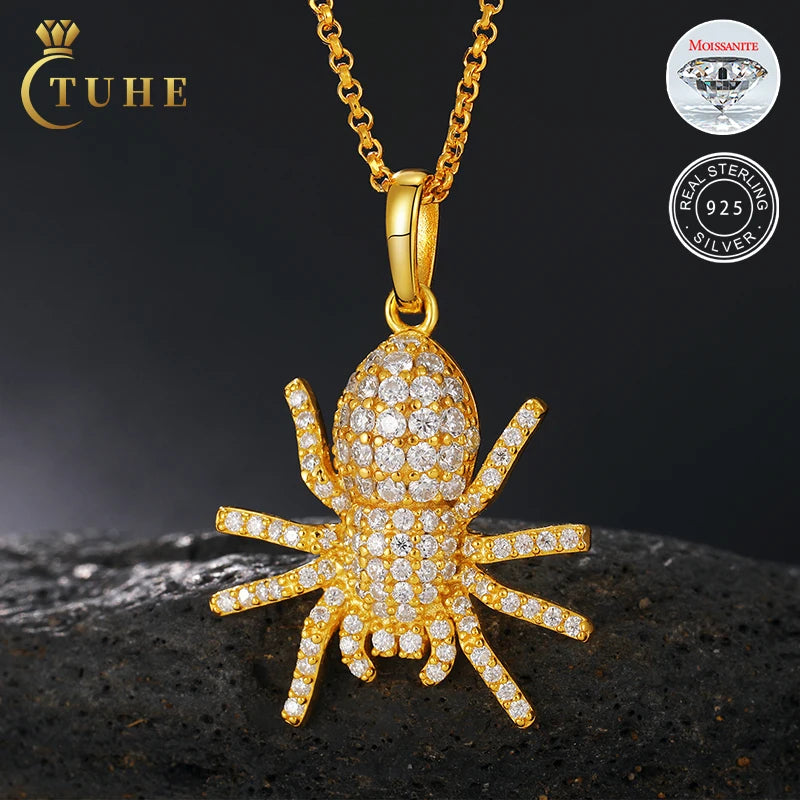 Hip Hop VVS Moissanite Spider Pendant Necklace 18K Gold Plated Sterling Silver VVS Diamond Pendant